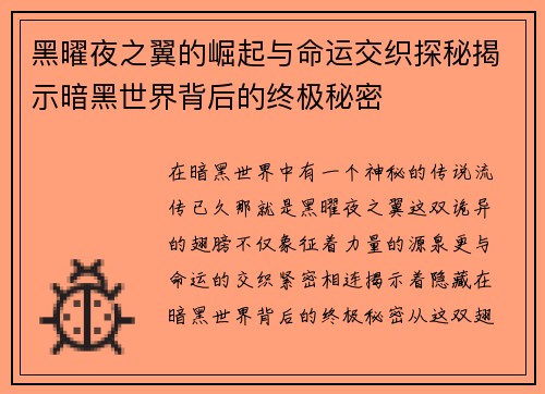 黑曜夜之翼的崛起与命运交织探秘揭示暗黑世界背后的终极秘密