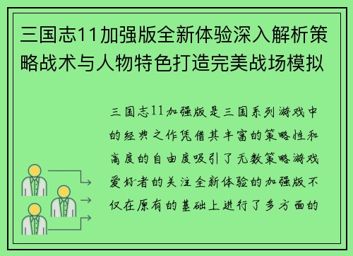 三国志11加强版全新体验深入解析策略战术与人物特色打造完美战场模拟